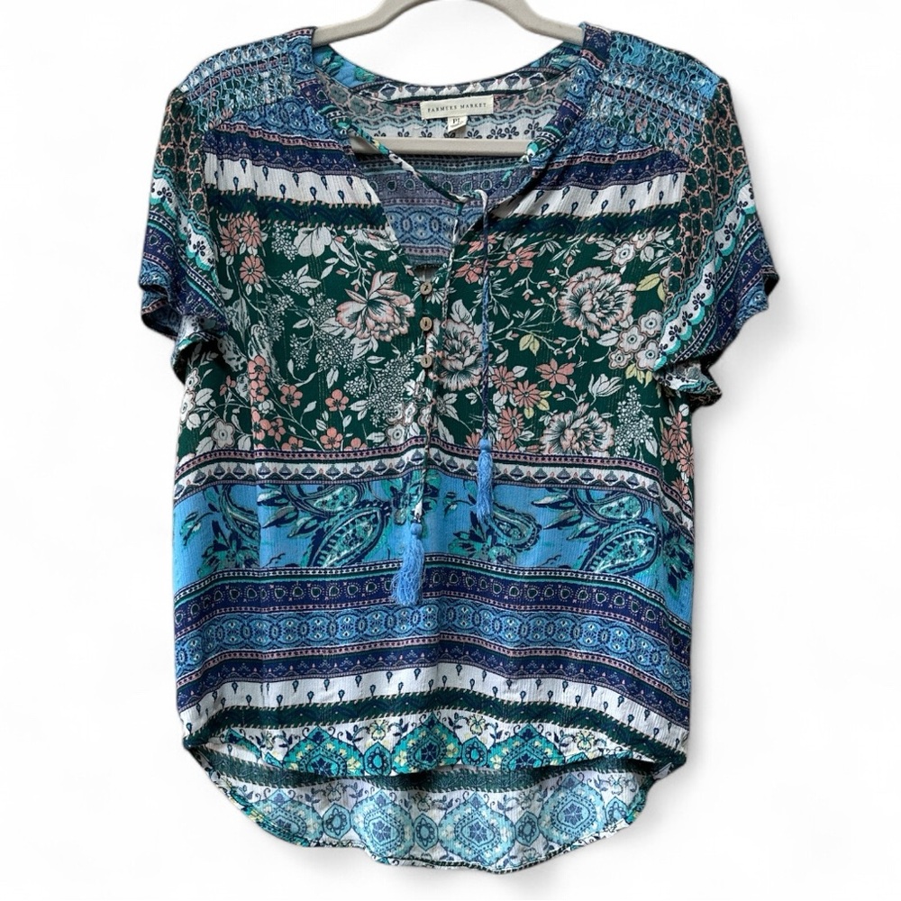 Farmers Market Boho Floral Tassel Tie Blouse – Blue Green, Size Petite Large